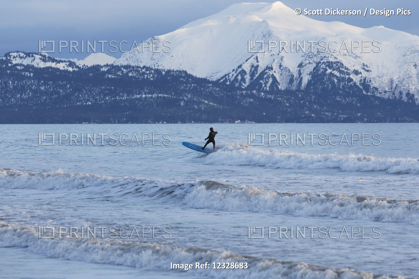 Surfer riding waves in Kachemak Bay, South-central Alaska; Homer, Alaska, ...