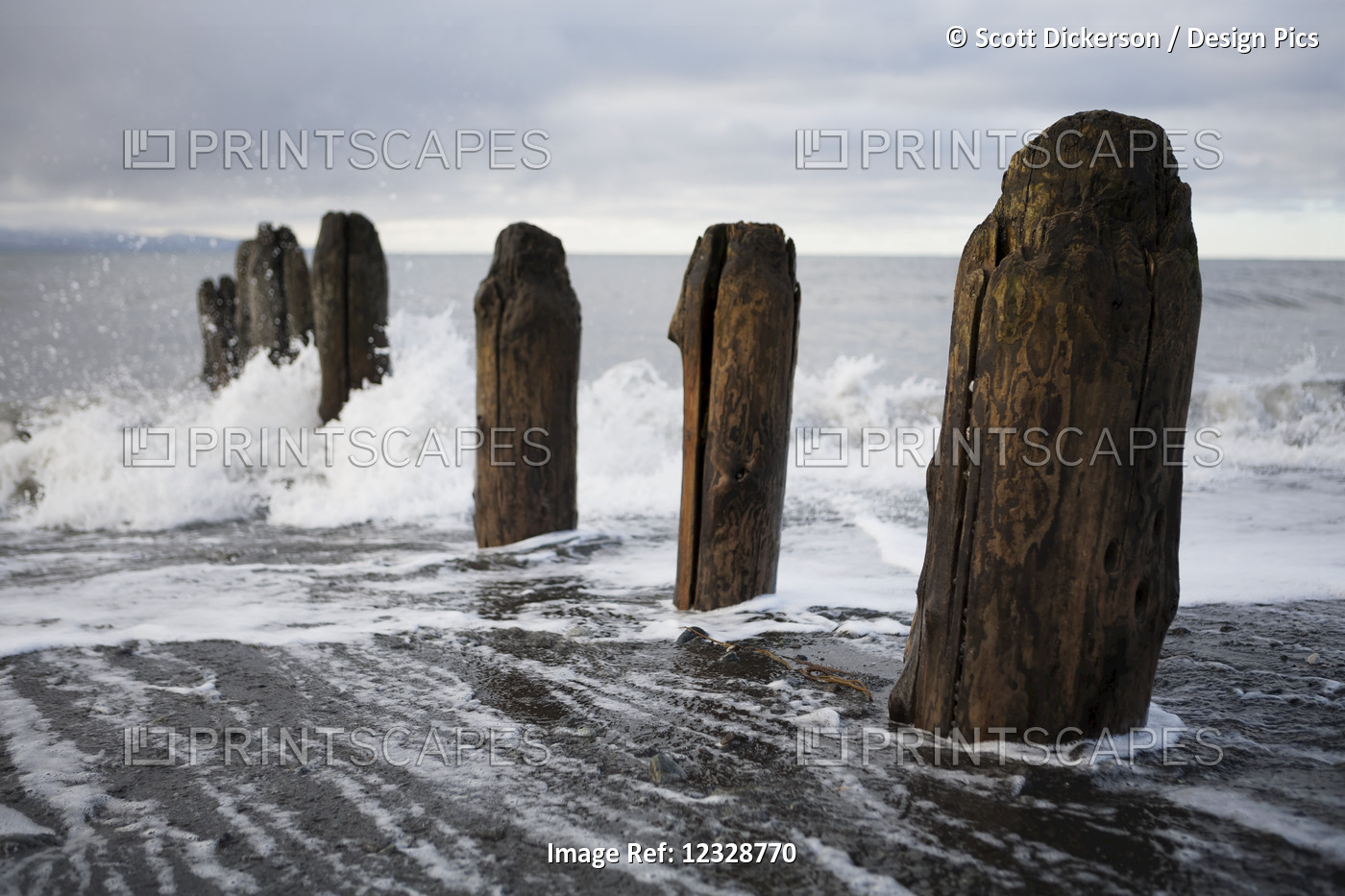 Waves Splashing Against Wooden Tide Posts In Kachemak Bay; Alaska, United ...