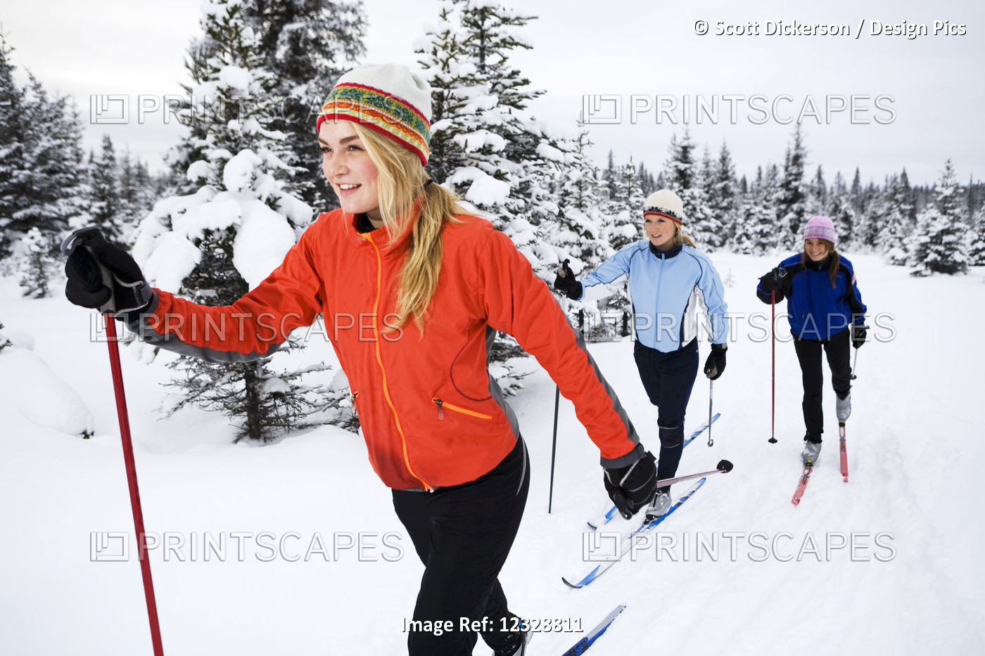 Three Young Women Cross Country Skiing, Ohlson Mountain; Alaska, United States ...