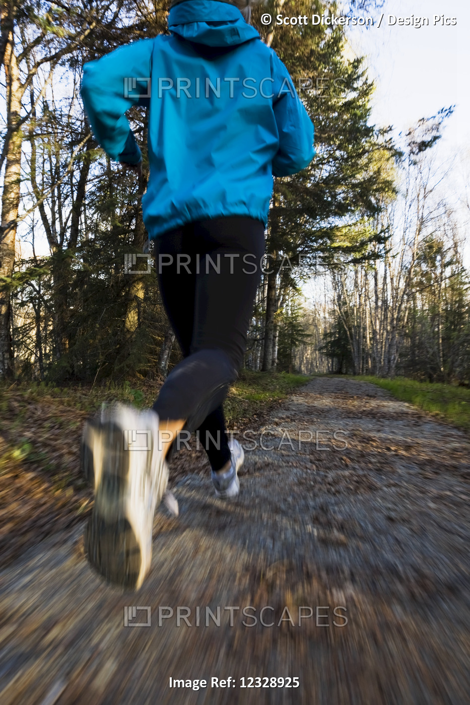 A Woman Running On A Trail In A Forest; Homer, Alaska, United States Of America