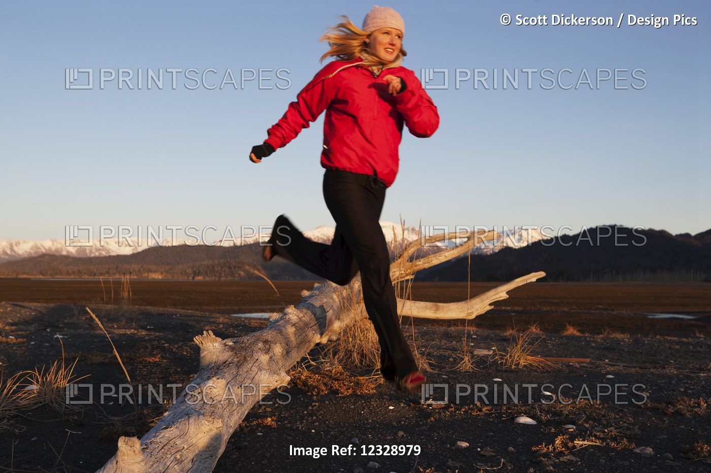 A Young Woman Runs Over Pieces Of Driftwood With The Kenai Mountains In The ...