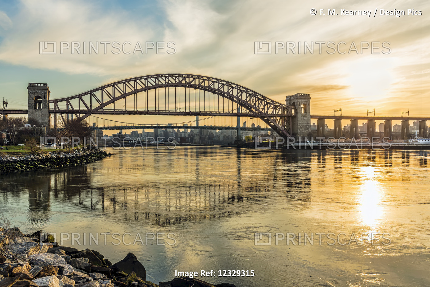 Hell Gate And Rfk Triboro Bridges At Sunset, Ralph Demarco Park; Queens, New ...