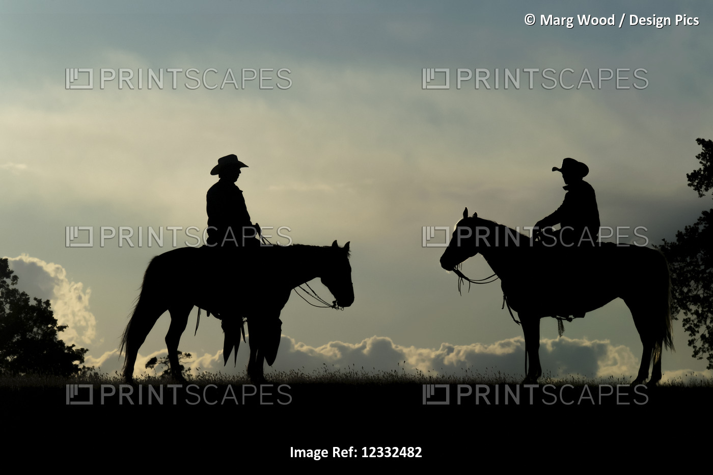 Silhouette of two cowboys on horses against a cloudy sky; Montana, United ...