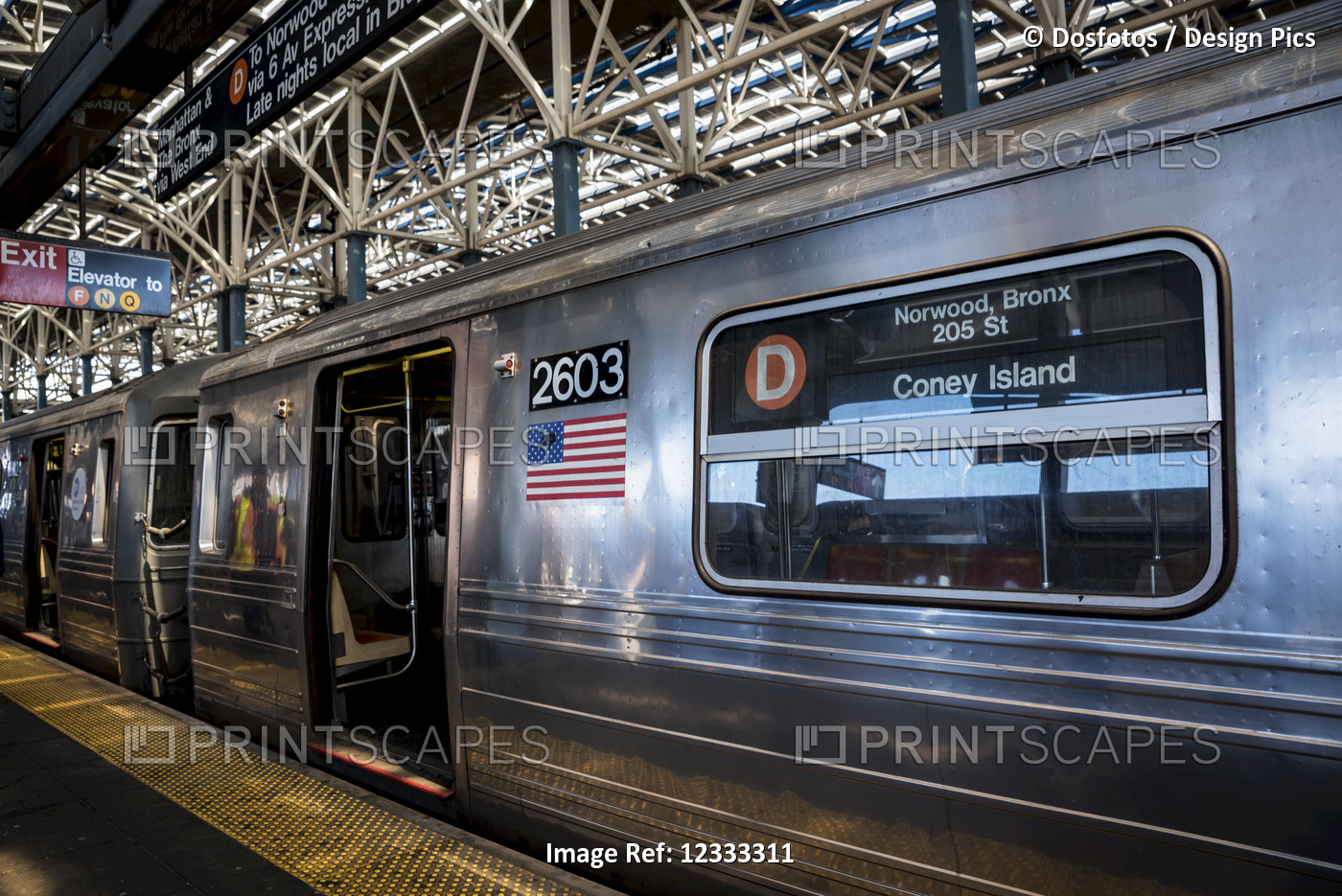 Subway train at Coney Island station; Coney Island, Brooklyn, New York, United ...