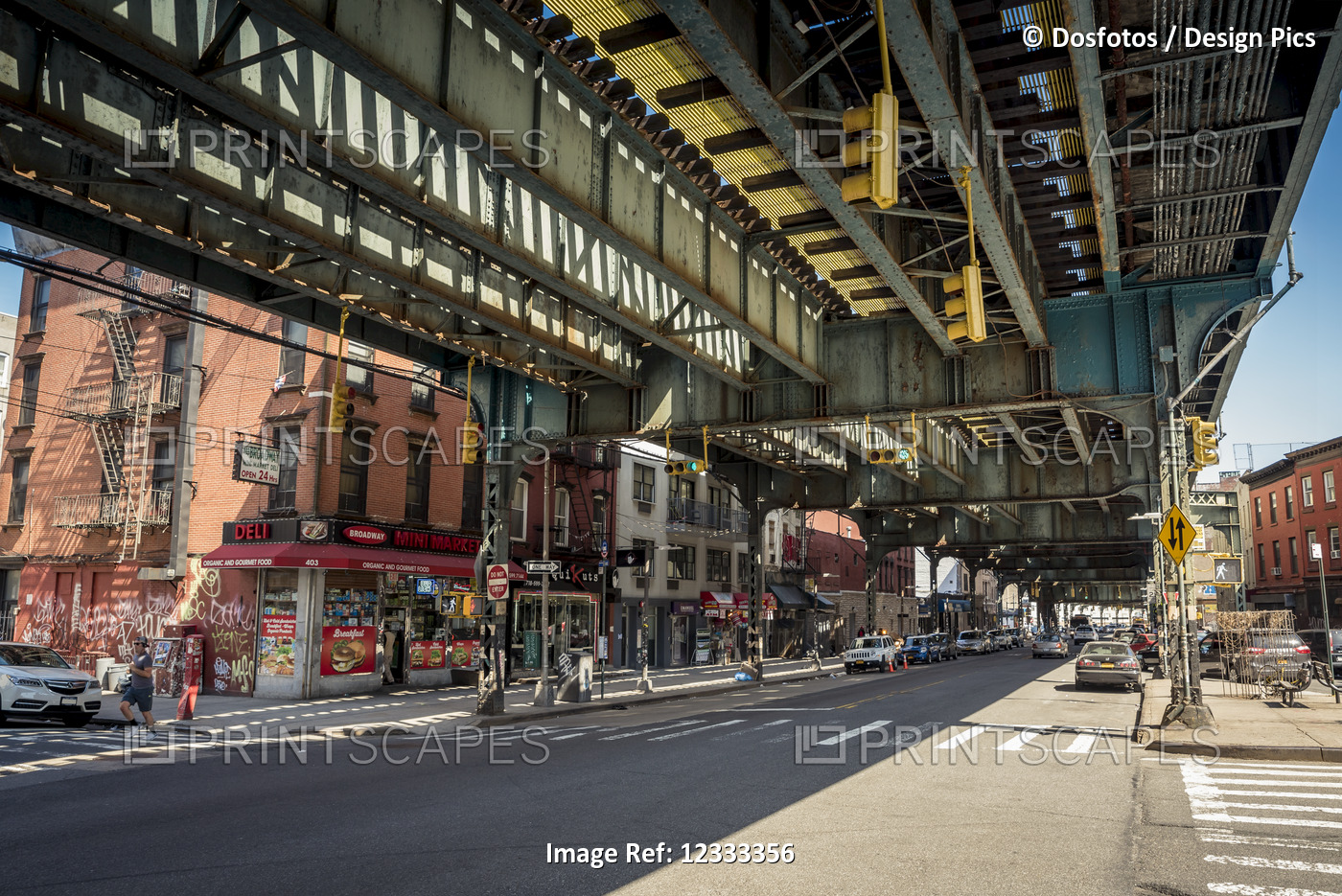 Road under subway tracks; Brooklyn, New York, United States of America
