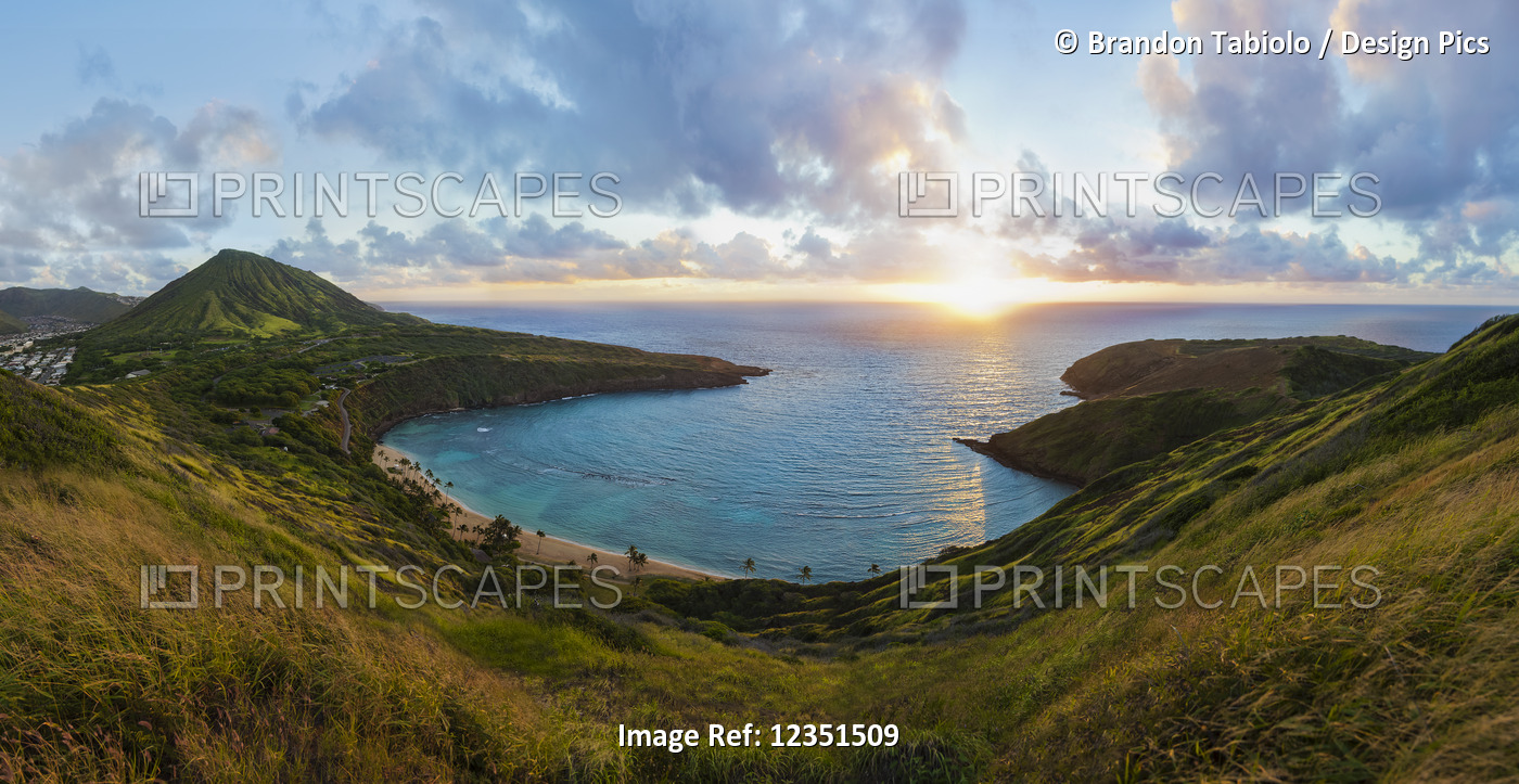View of Hanauma Bay Nature Preserve at sunrise from the top of the ridge, East ...
