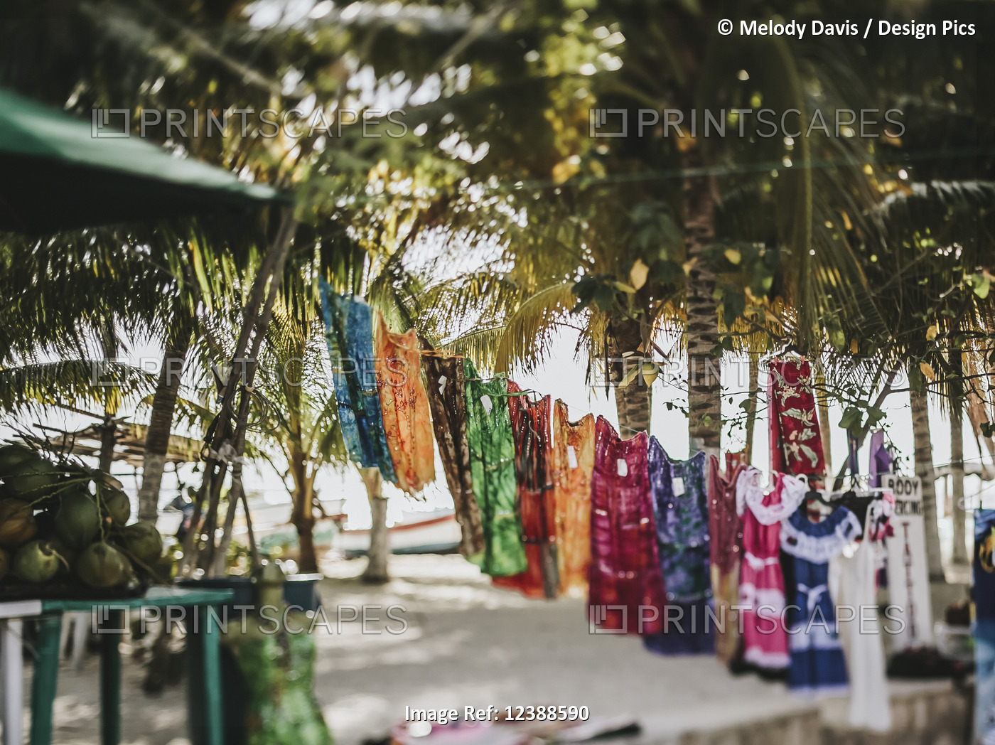 Clothing hanging on display for sale at an outdoor market; Cancun, Mexico