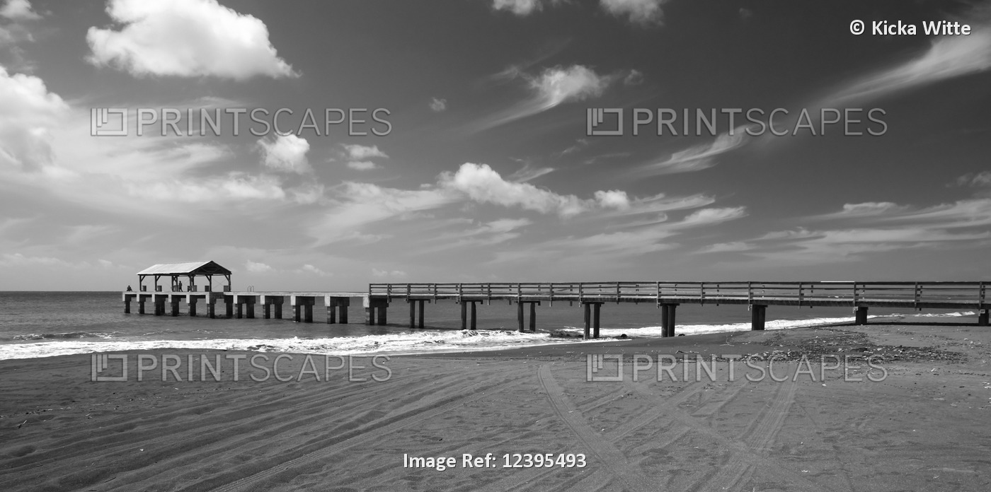 Black and white image of a pier leading out to the ocean water with a covered ...