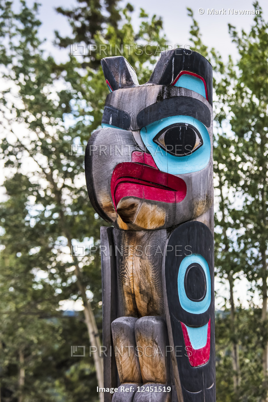 A colourful totem in Teslin Tlingit Heritage Centre; Yukon, Canada