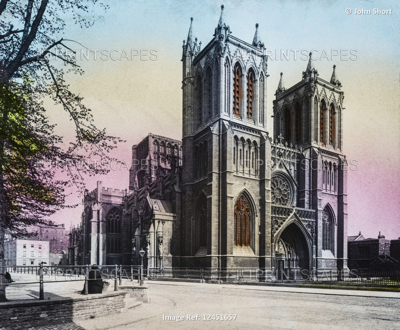 A hand coloured magic lantern slide circa 1900. Bristol cathedral