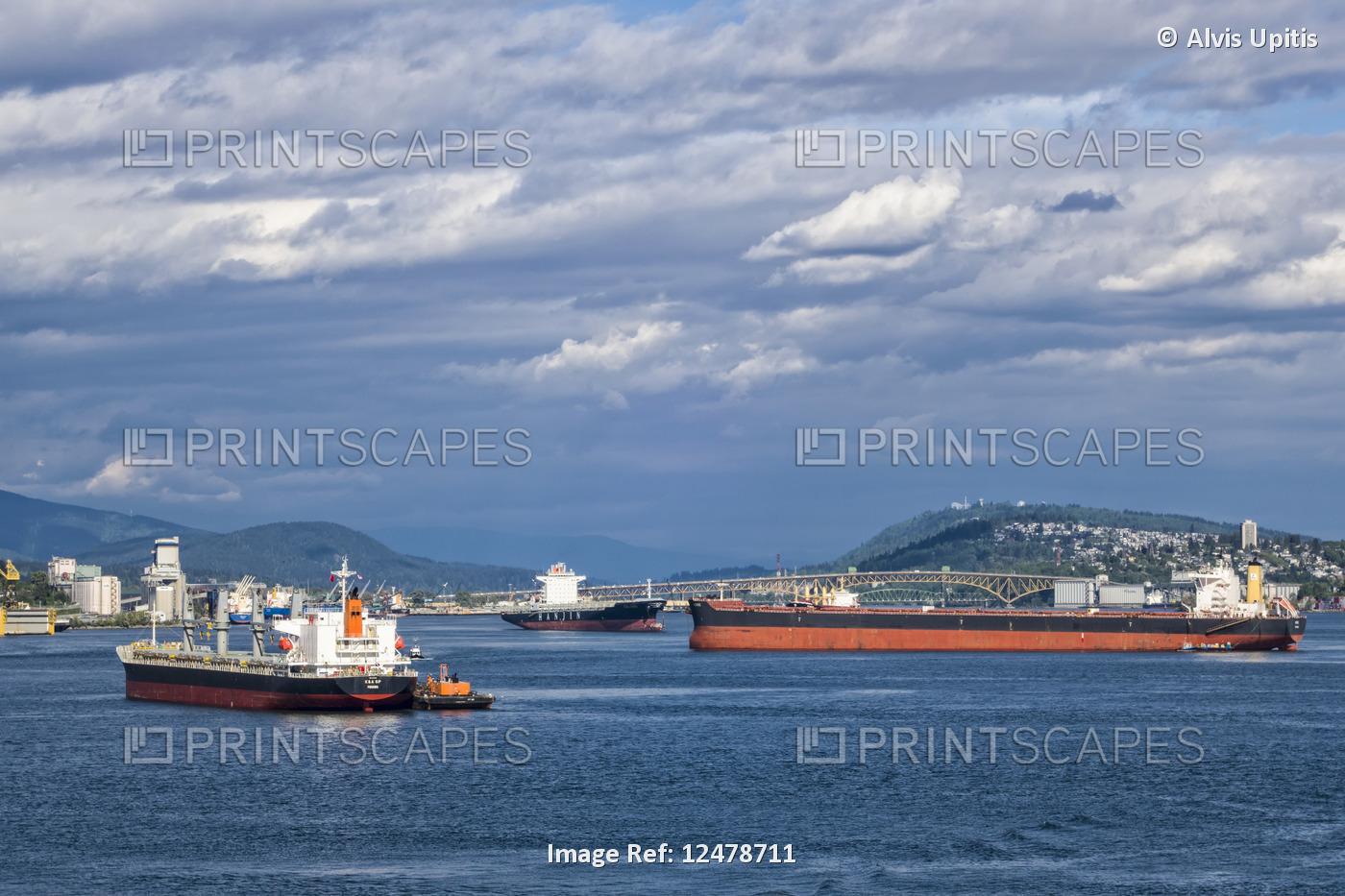 Cargo ships in the Vancouver harbour; Vancouver, British Columbia, Canada