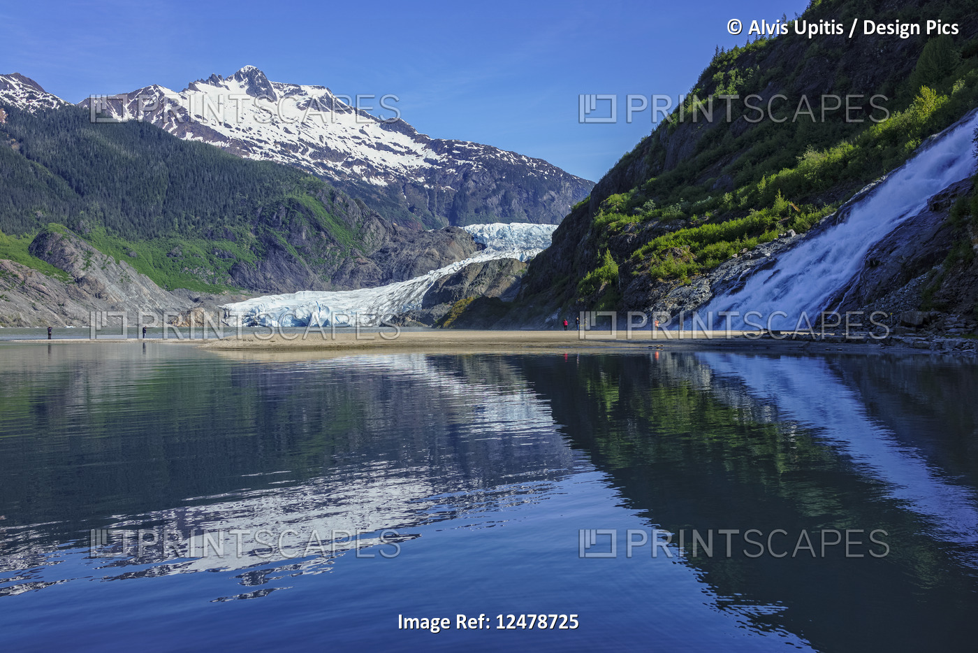 Tourists viewing Mendenhall Glacier and Nugget Falls in Mendenhall Park ...
