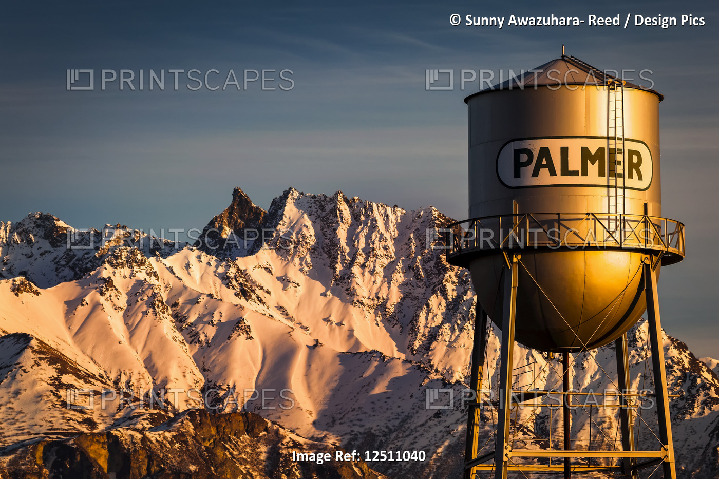 Palmer water tower and Matanuska Peak at sunset in winter, Matanuska Valley, ...