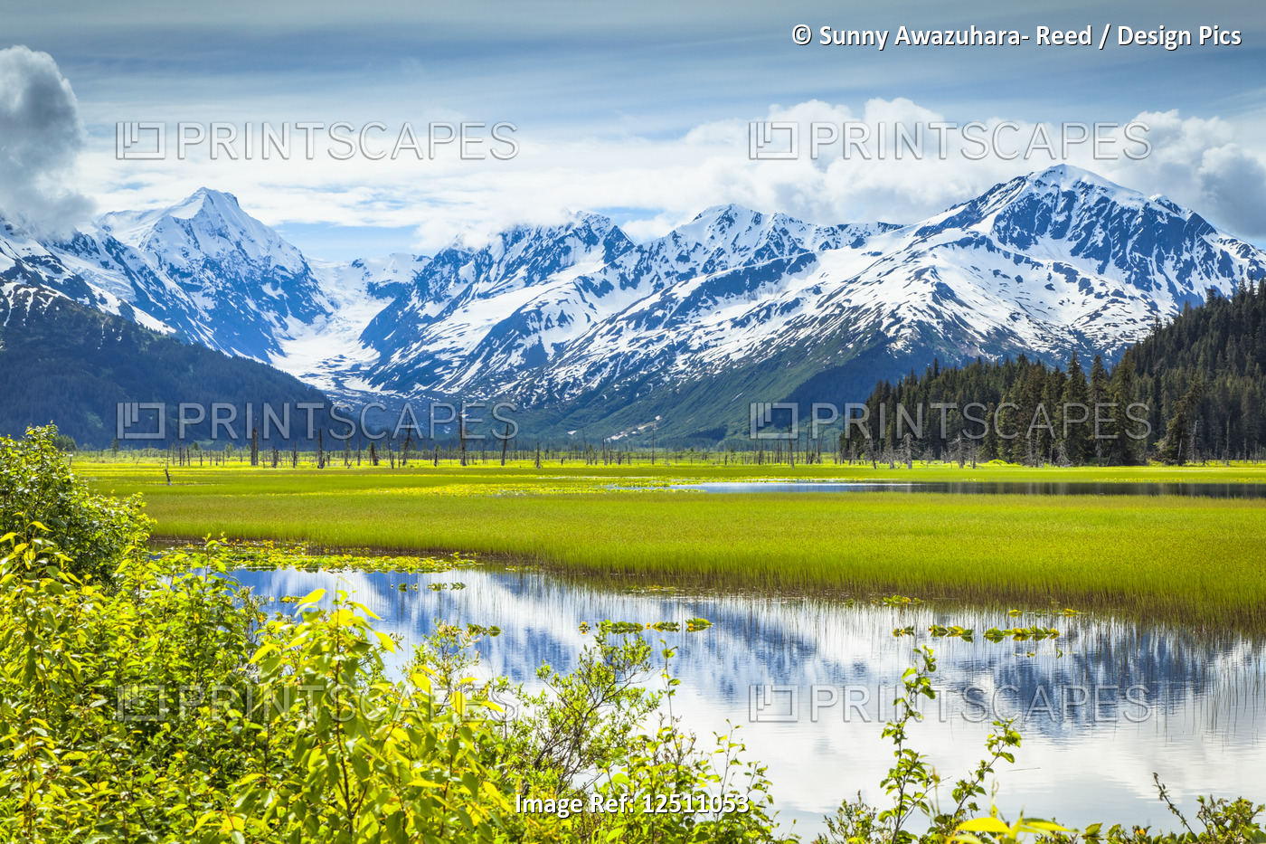 Reflection of Chugach Mountains in a tranquil lake; Alaska, United States of ...