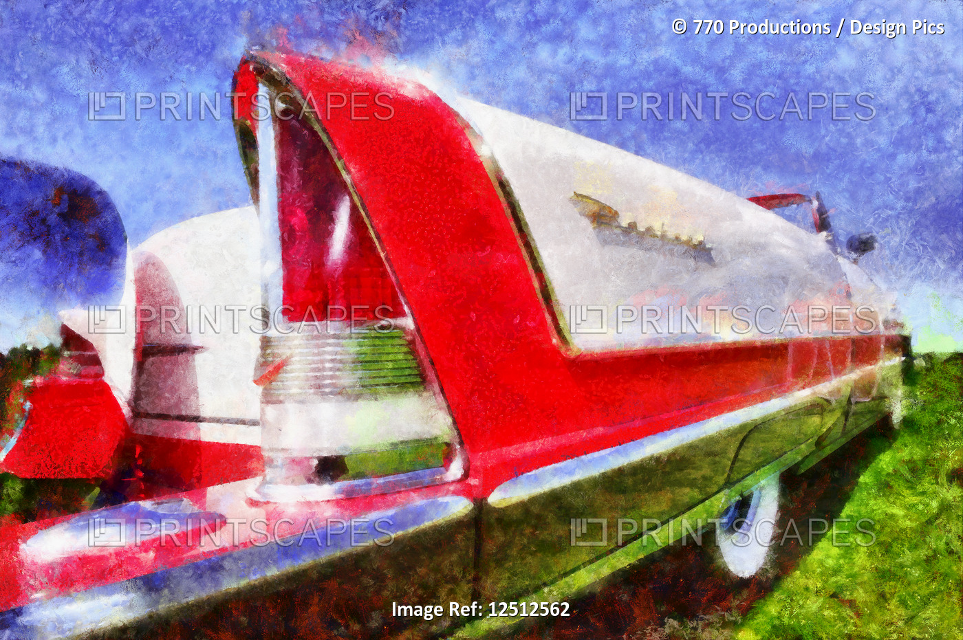 Digital painting of a red and white classic car