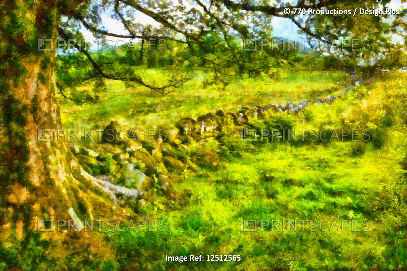Digital painting of the lush green grass in the old country