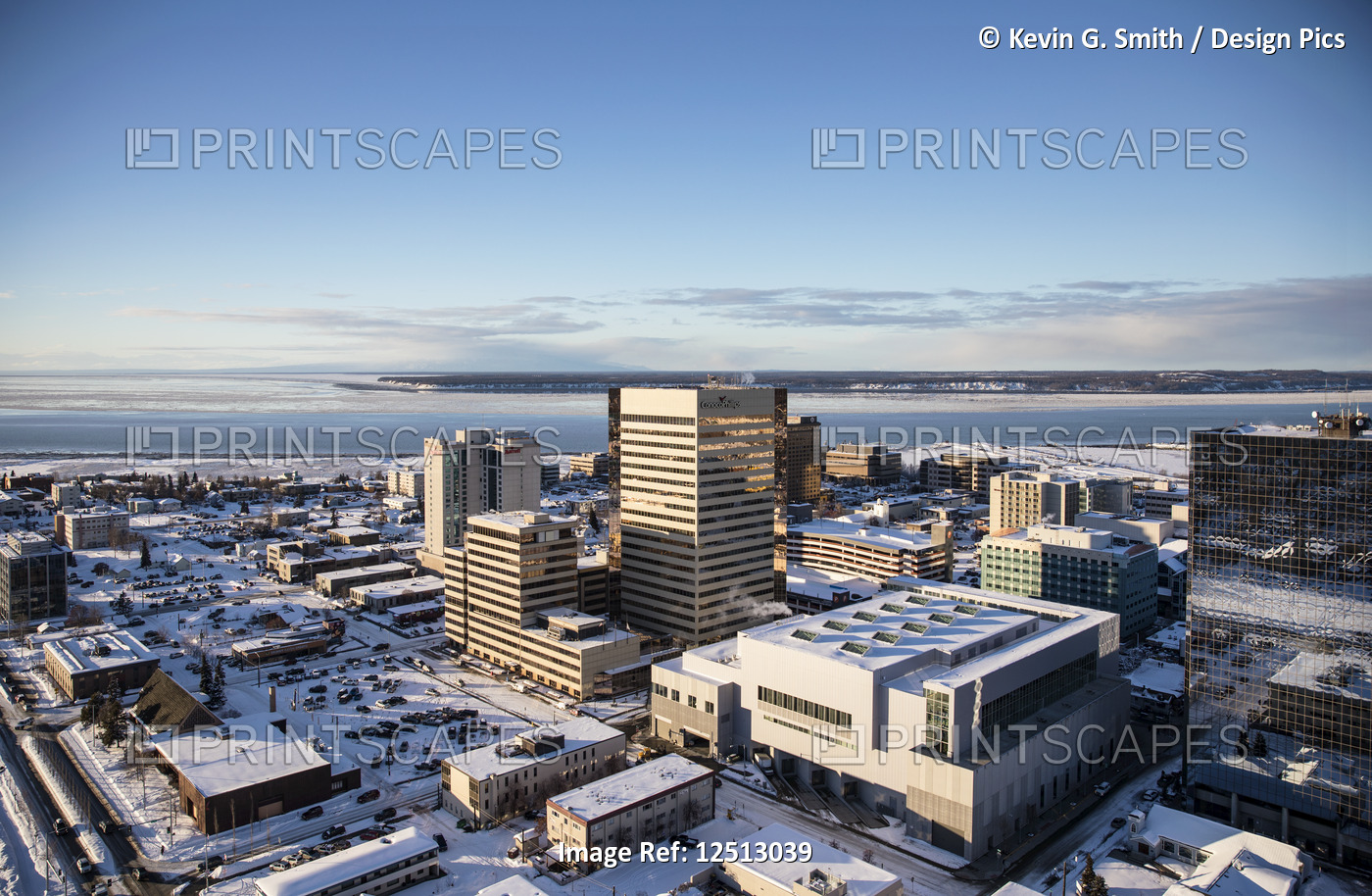 Aerial view of the Conoco Phillips building in downtown Anchorage, snow ...