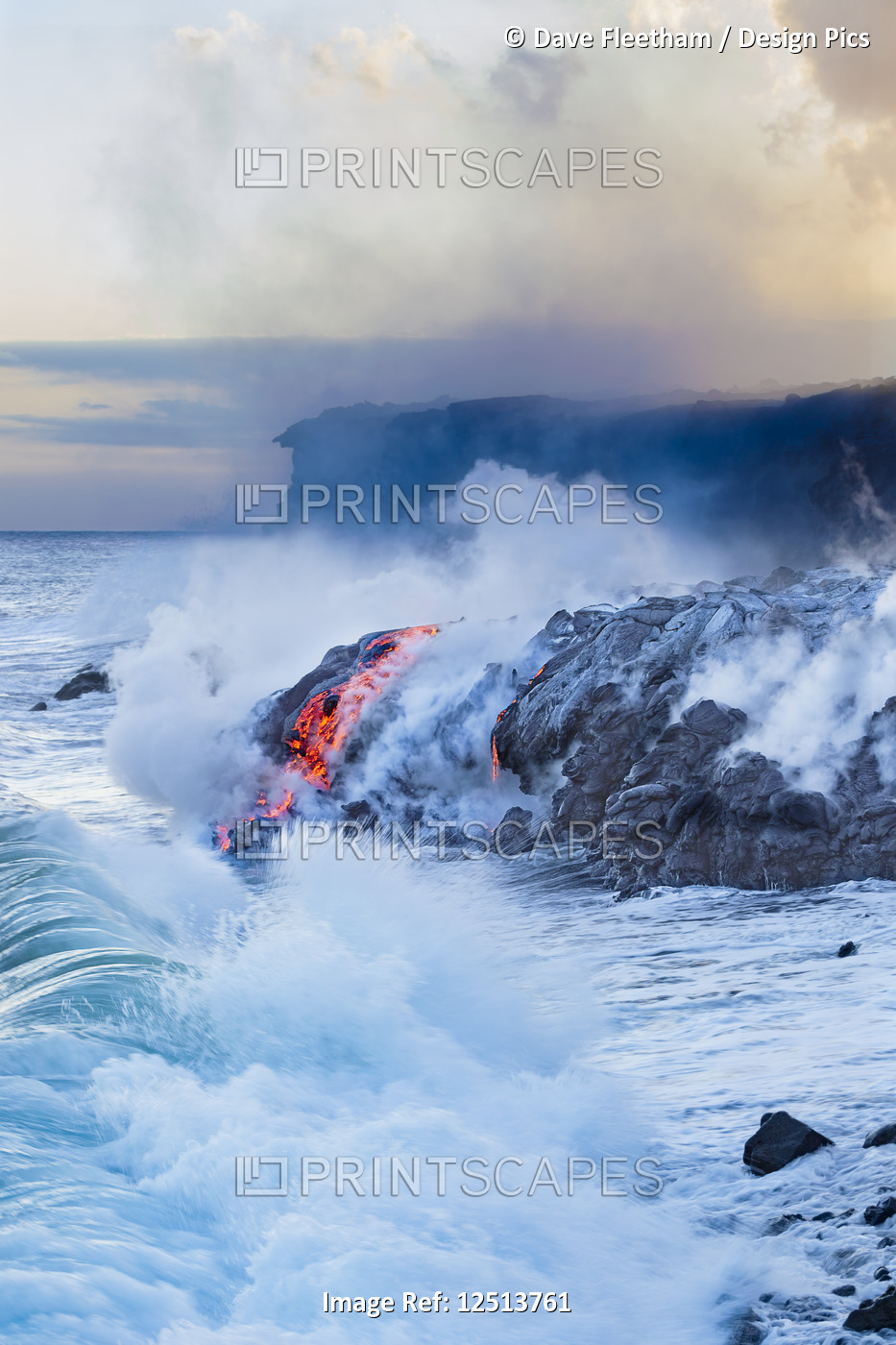 Pahoehoe lava flowing from Kilauea has reached the Pacific ocean near Kalapana; ...