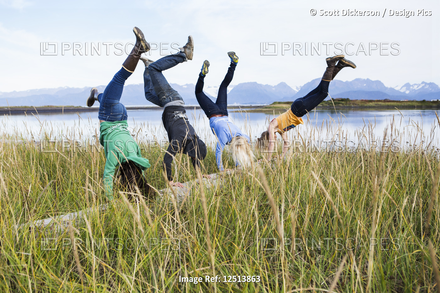 Four friends do handstands on a driftwood log along Kachemak Bay, South-central ...