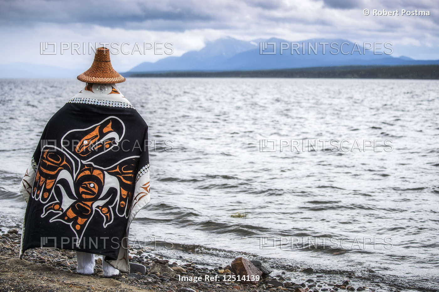 Tlingit first nation woman in traditional wardrobe on the shores of Teslin ...