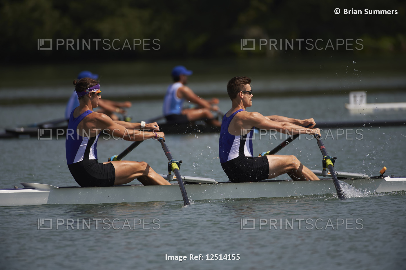 Rowers from the Royal Canadian Henley 2017 Men's Double rowing in Lake Ontario; ...