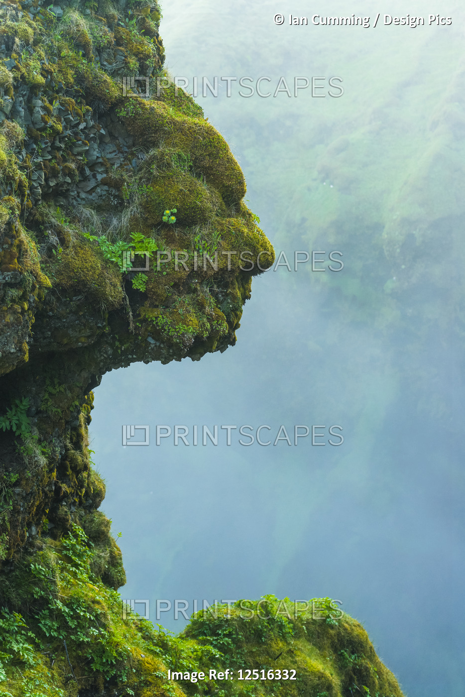 Shape of head in natural rocks covered in green moss beside Skogafoss ...