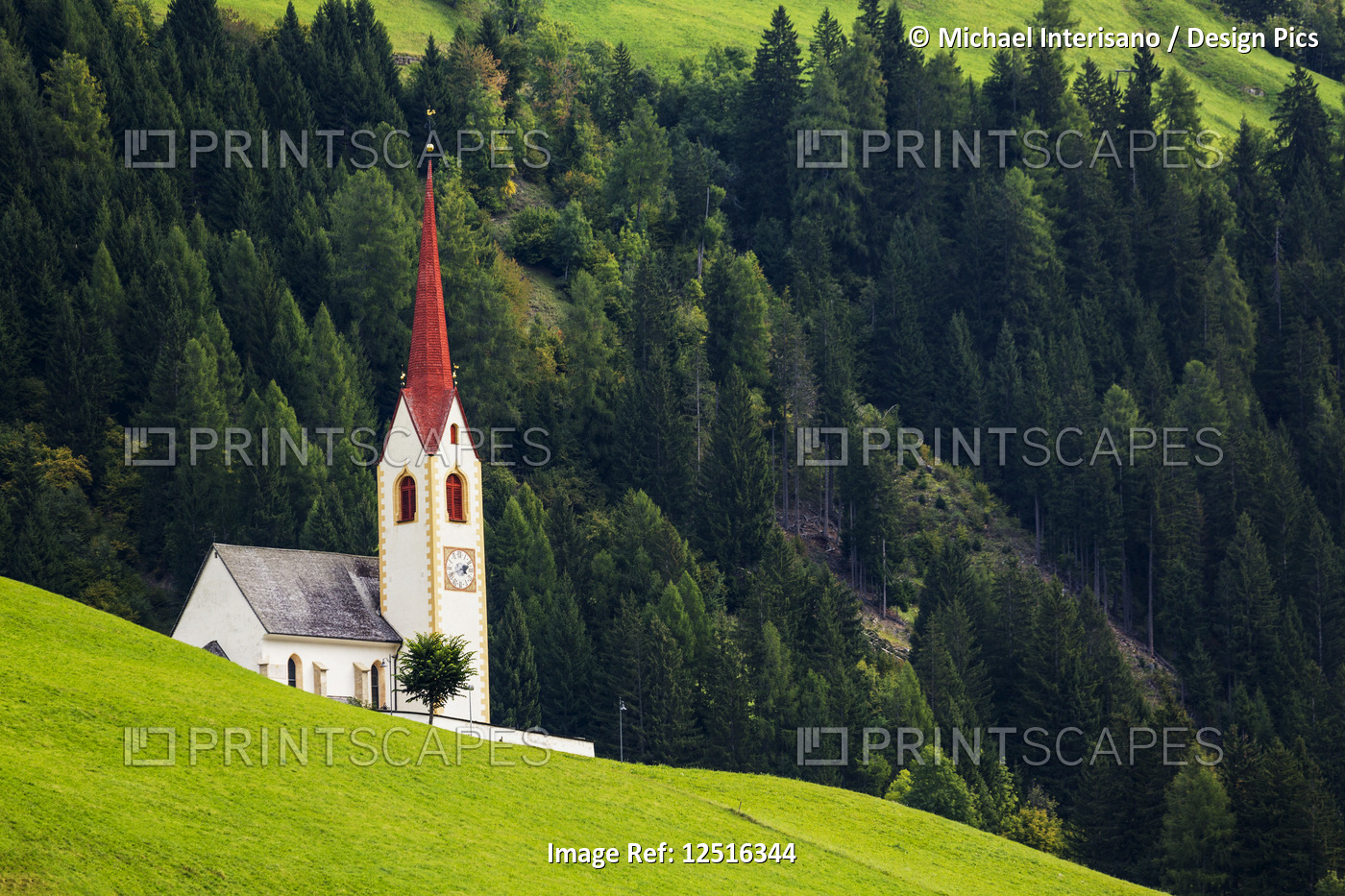 Tall church steeple on grassy alpine slope with treed slope in the background; ...