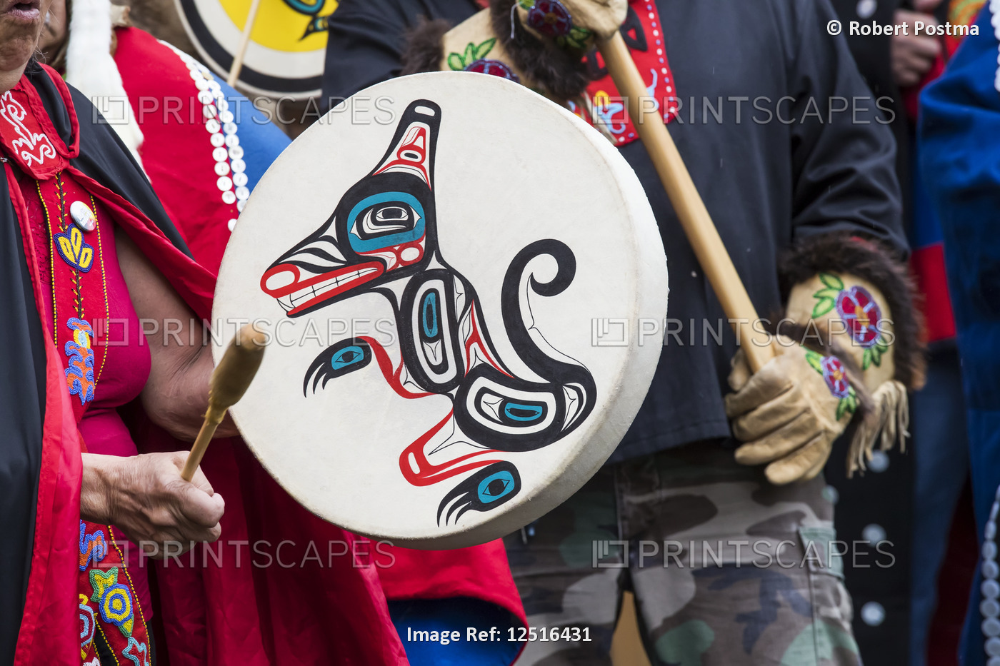 People at the Tlingit Celebration, participants are entering the hall to ...