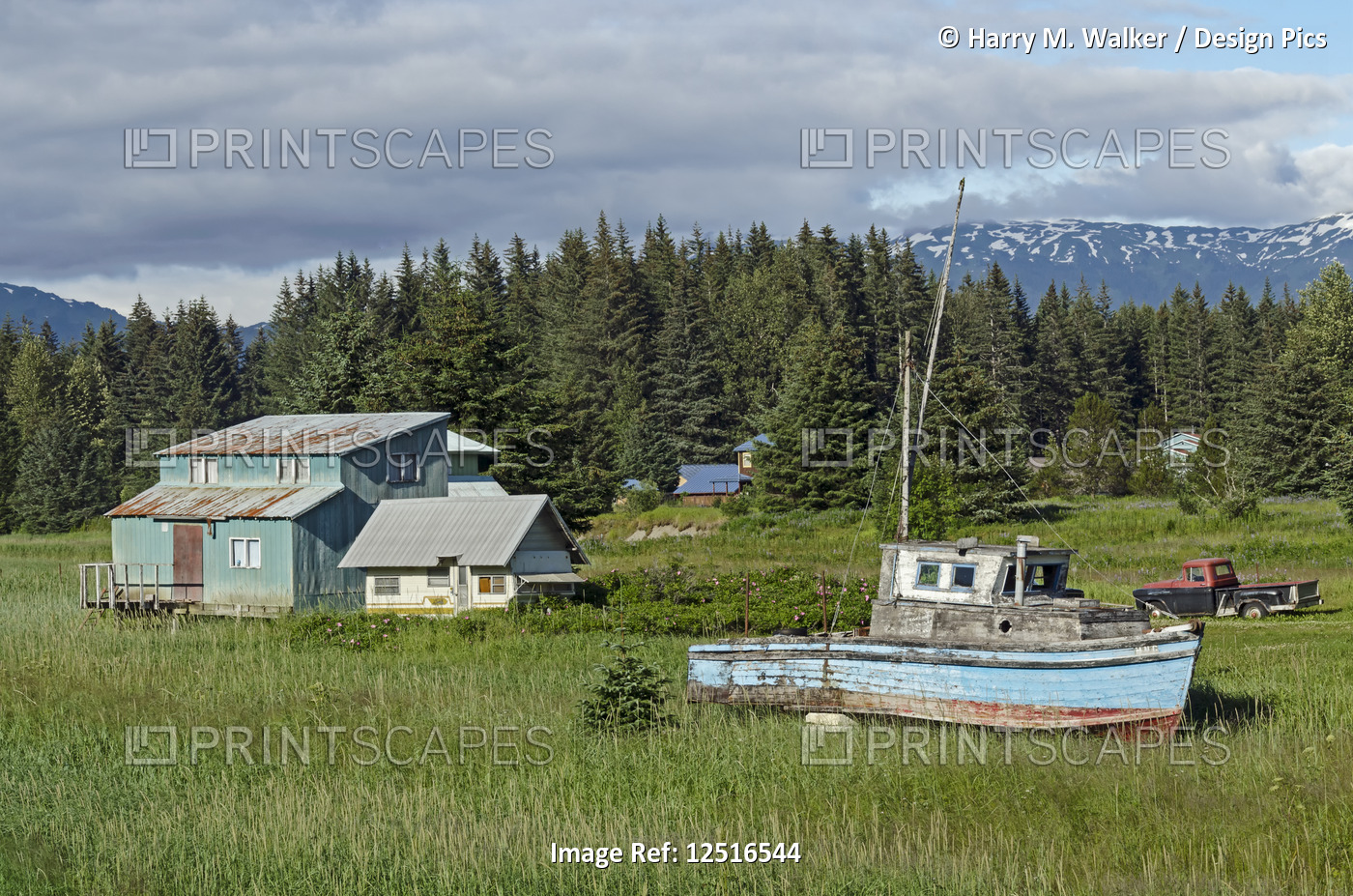 Rustic wooden boat and home on the grass shore near ferry dock, Southeast ...