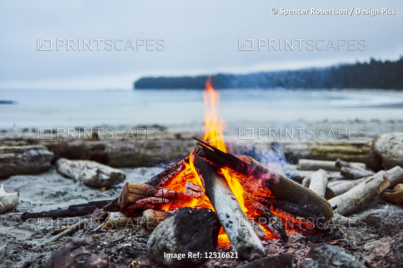 A fire on the beach with the ocean and coastline in the background, Cape Scott ...