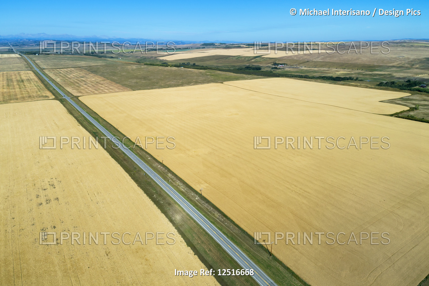 Aerial view of golden fields divided by a road and mountains in the distance ...