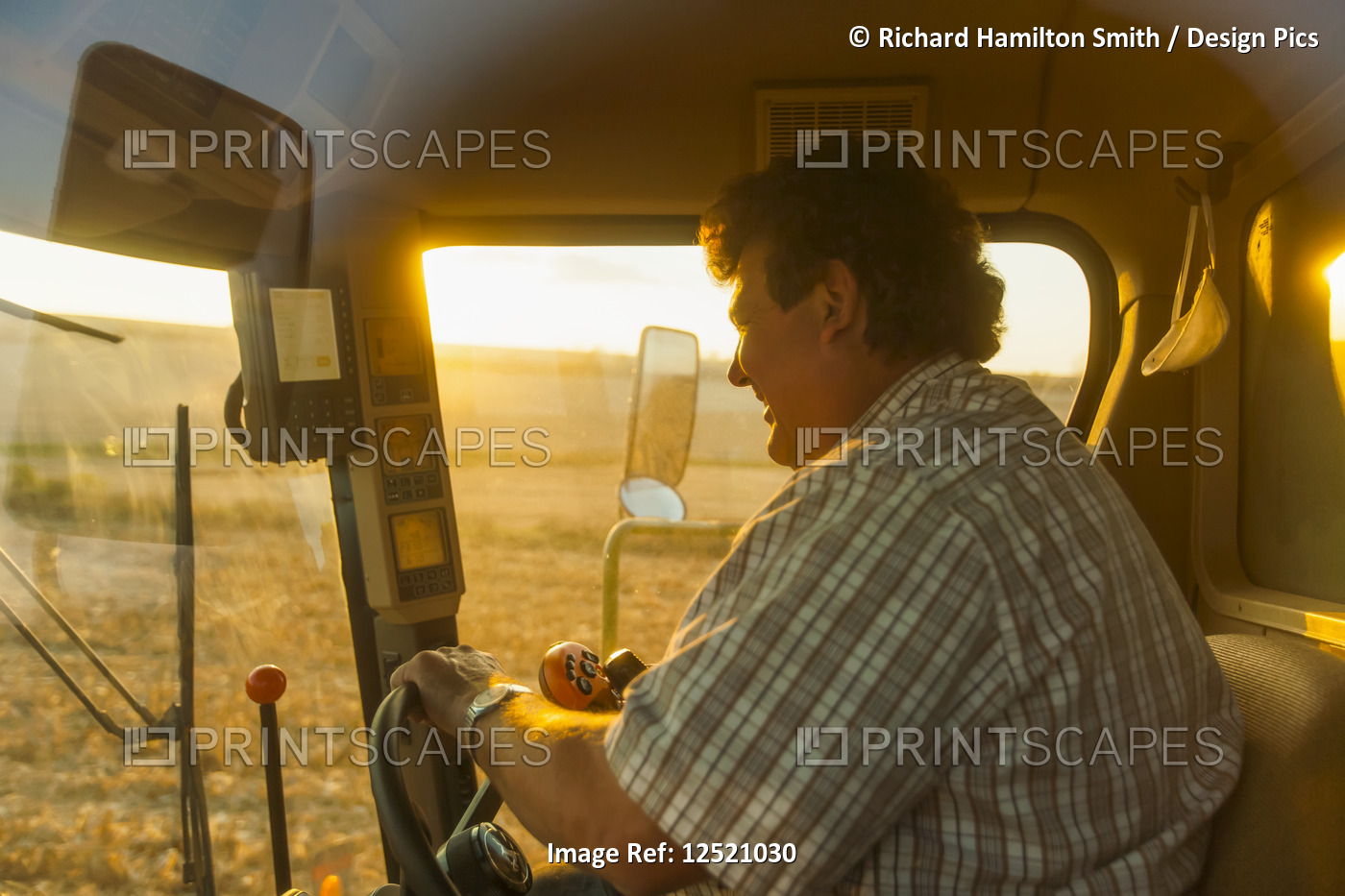 Farmer in a combine harvesting corn at sunset, near Nerstrand; Minnesota, ...
