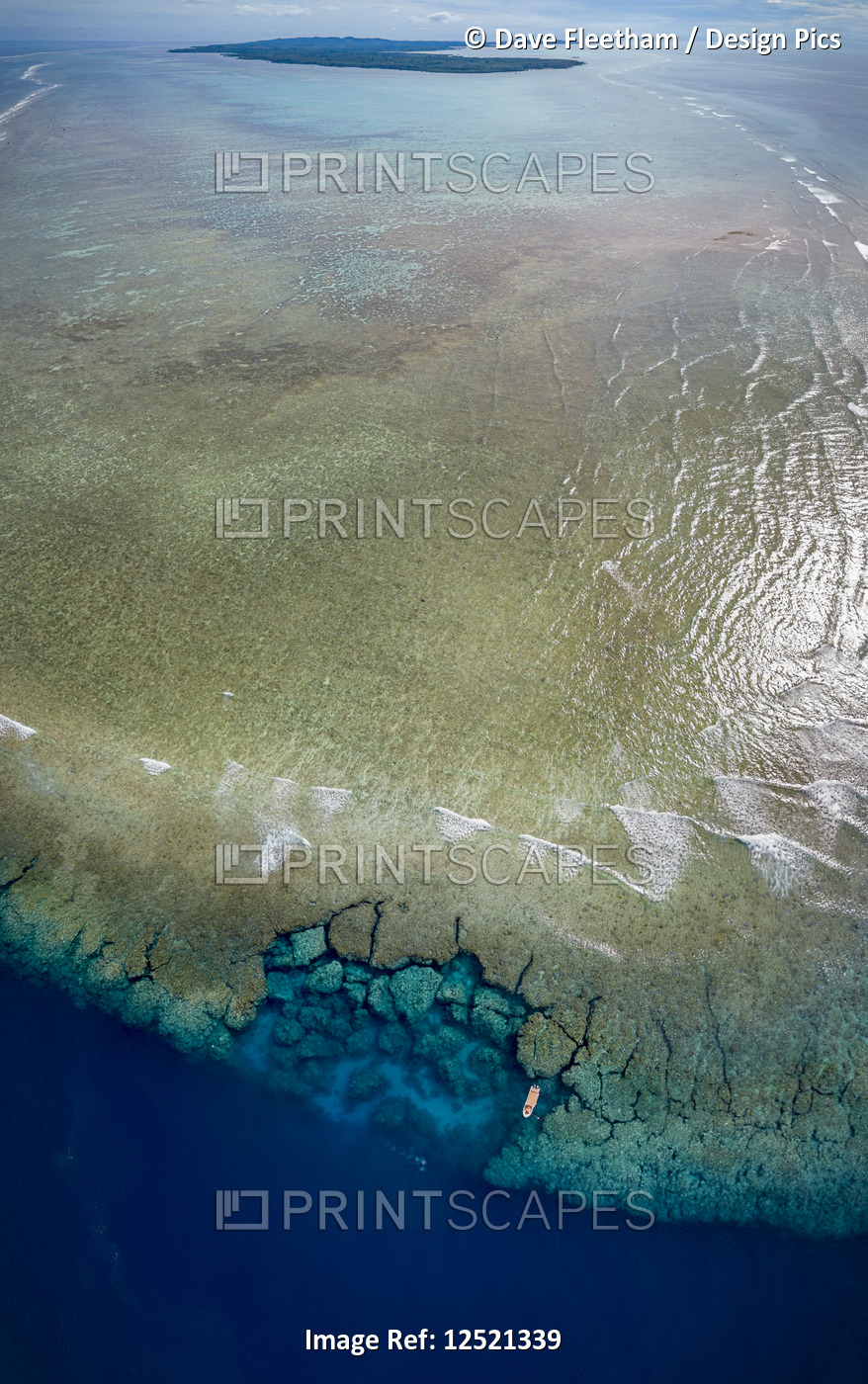 Aerial view of the southern end of the reef surrounding the island of Yap, with ...