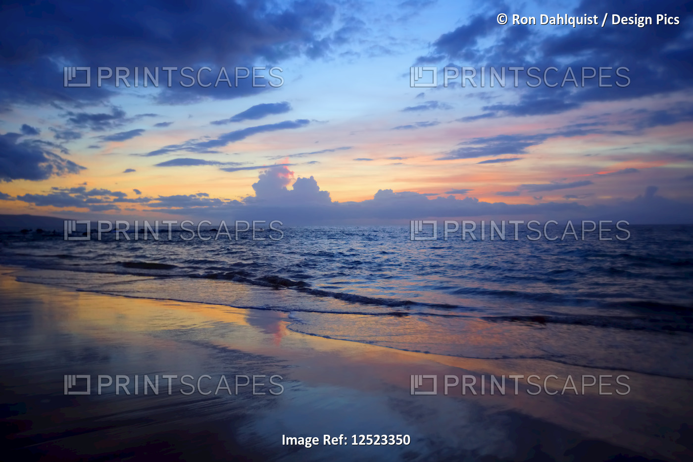 Sunset colours lighting oup clouds and ocean; Wailea, Maui, Hawaii, United ...
