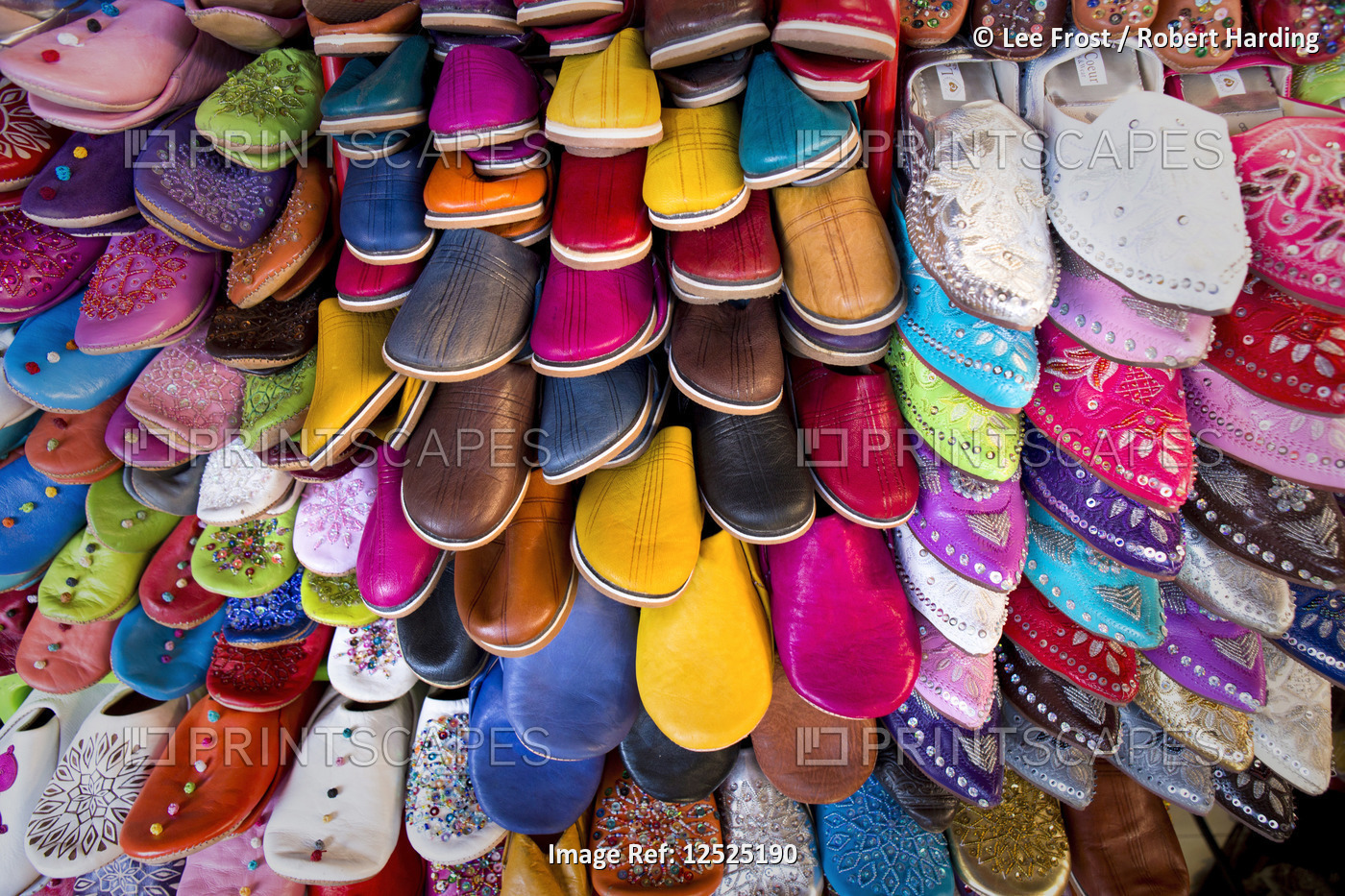 Dozens of colourful traditional slippers in the souk off the Djemaa el Fna, Marrakech, Morocco, Nort