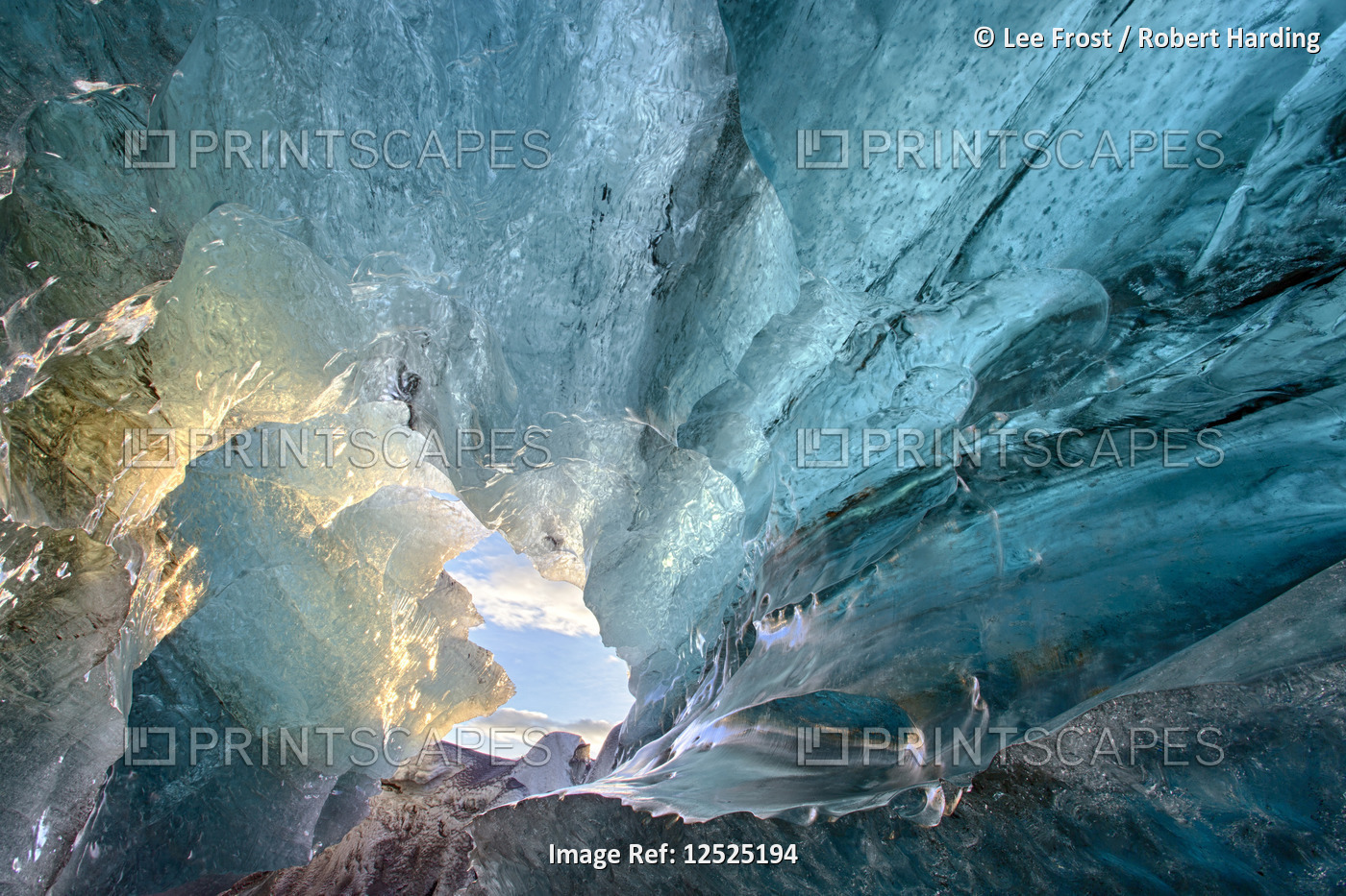 View inside an ice cave under the south  Vatnajokull Glacier, captured at sunrise during winter when