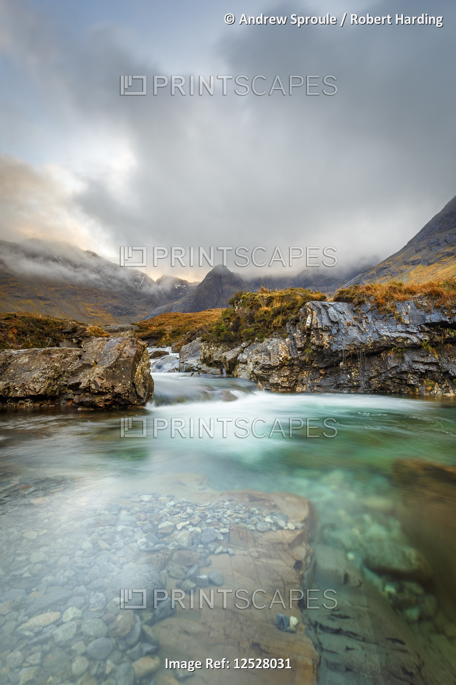 The Black Cuillin mountains in Glen Brittle from the Fairy Pools, Isle of Skye, Inner Hebrides, Scot