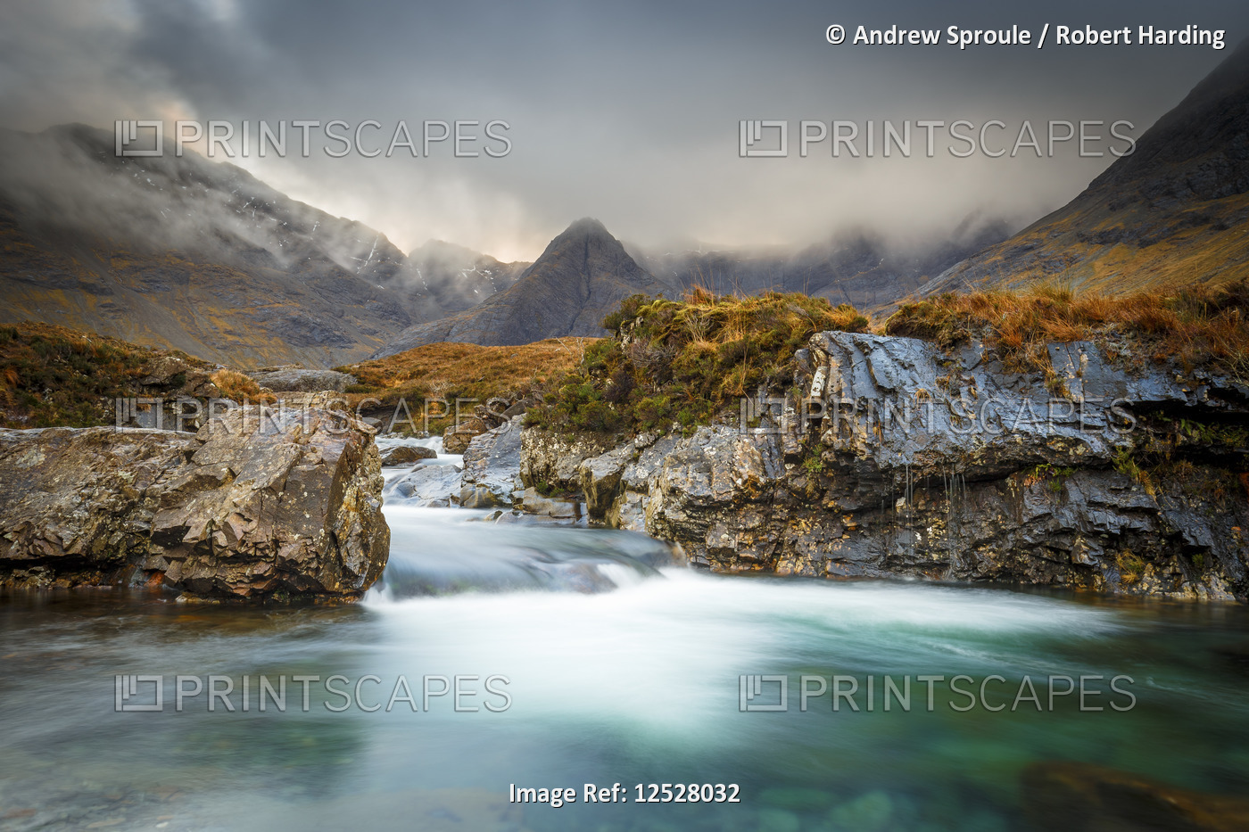 The Black Cuillin mountains in Glen Brittle from the Fairy Pools, Isle of Skye, Inner Hebrides, Scot