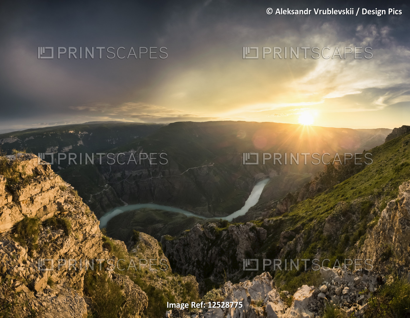 View of the Sulak canyon and the river at the sunset; Dubki, Dagestan Republic, ...