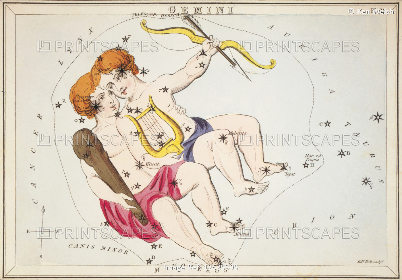Gemini.  Card Number 18 from Urania's Mirror, or A View of the Heavens, one of ...