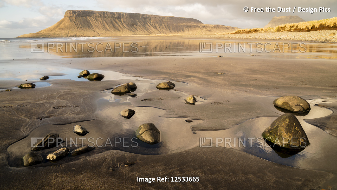 Rocks on the wet black sand beach along the coast of Iceland with cliffs ...