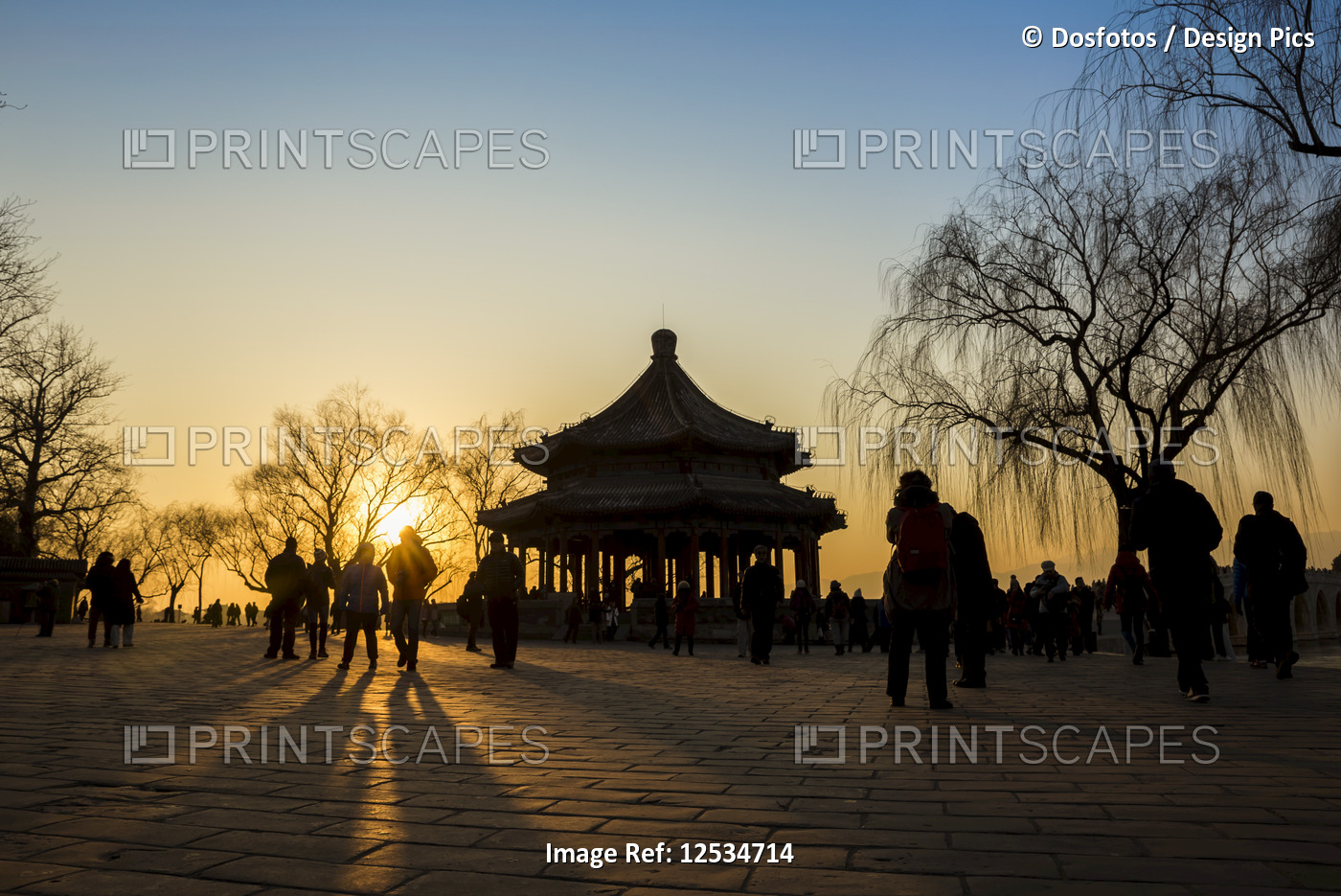 Sunset over Kunming Lake and pavilion, The Summer Palace; Beijing, China