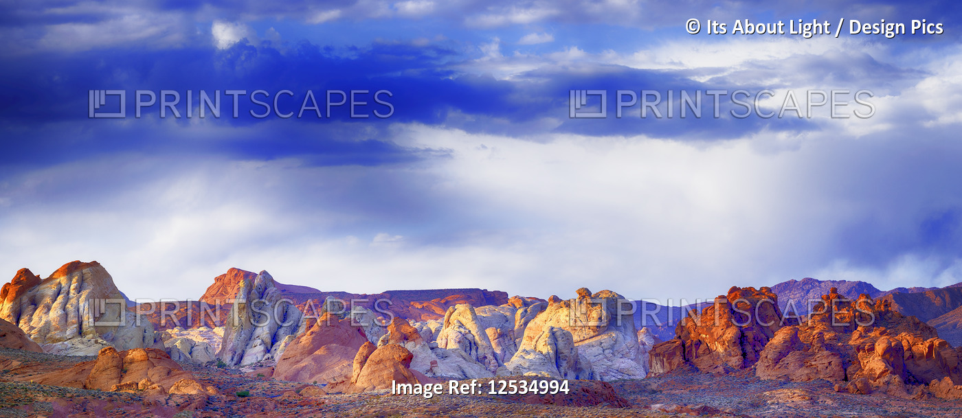 Stitched panorama composite of the White Domes Trail with sandstone formations, ...