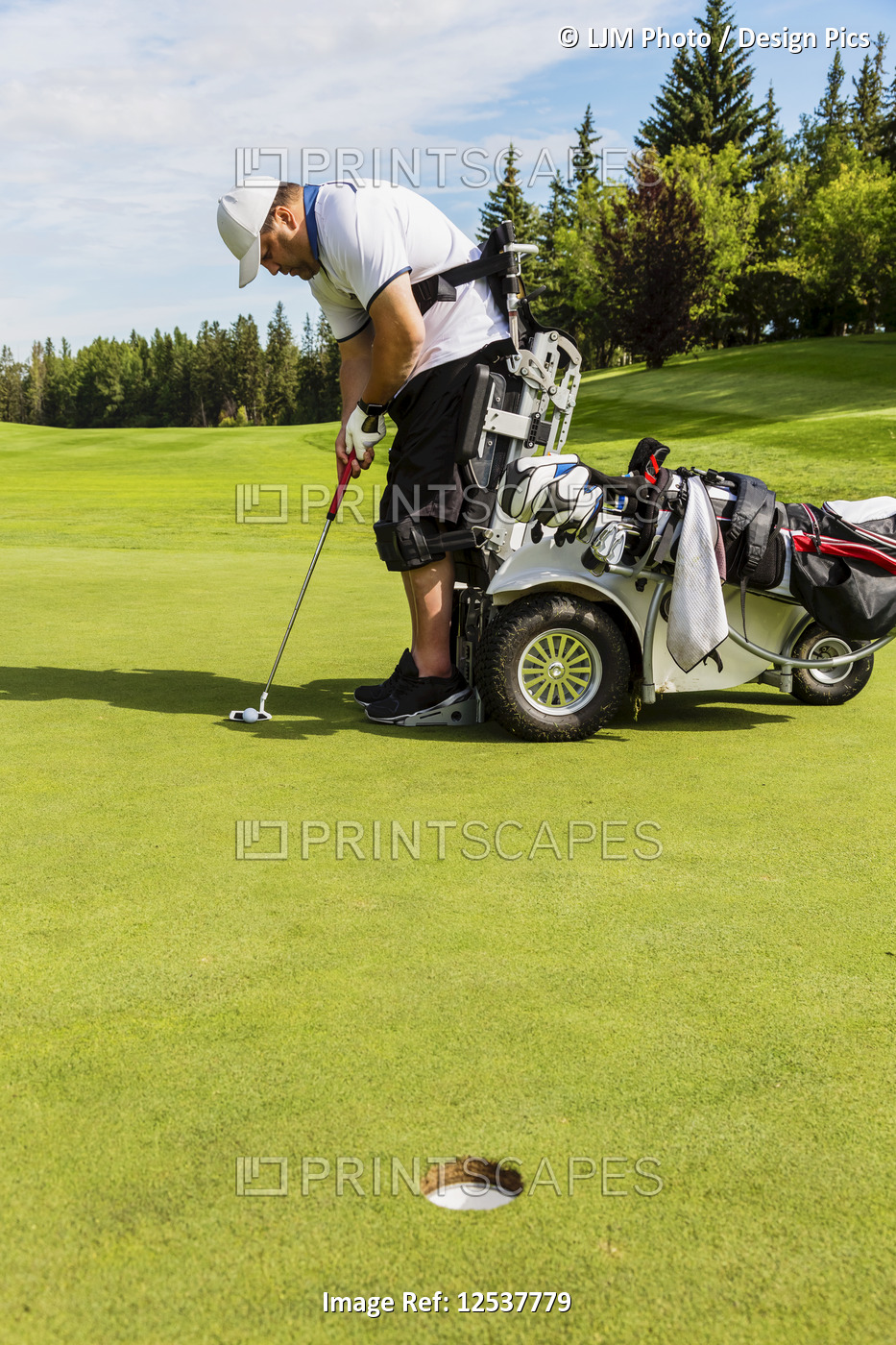 A physically disabled golfer lining up his shot before putting a ball on a golf ...
