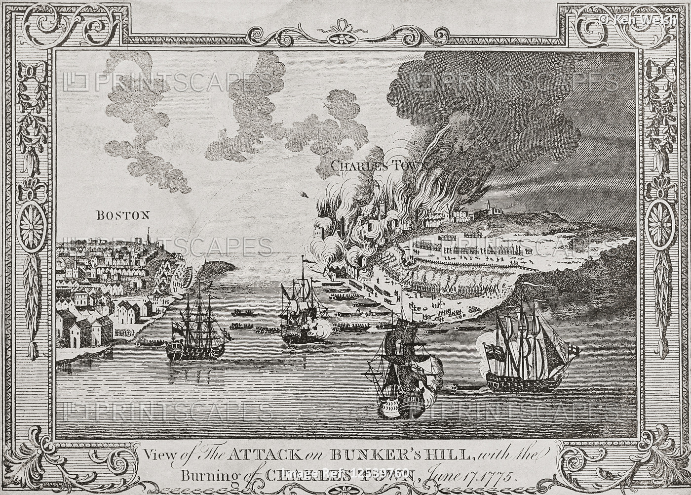 The attack on Bunker Hill and the burning of Charlestown, June 17, 1775 during ...