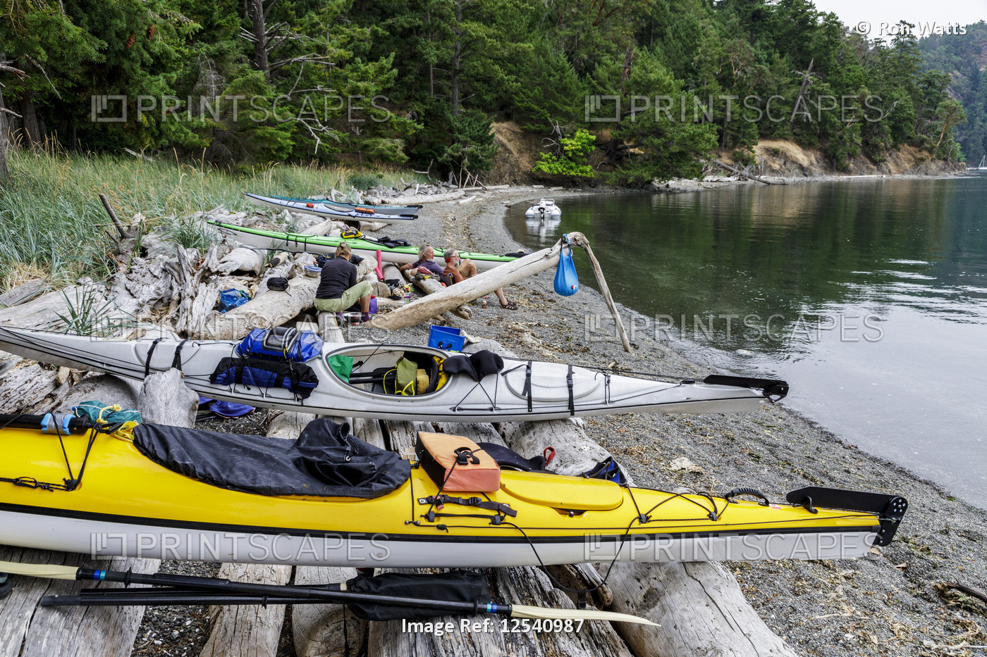 Kayaks on a small Islet at Beaumont Marine Park in Bedwell Harbour, South ...