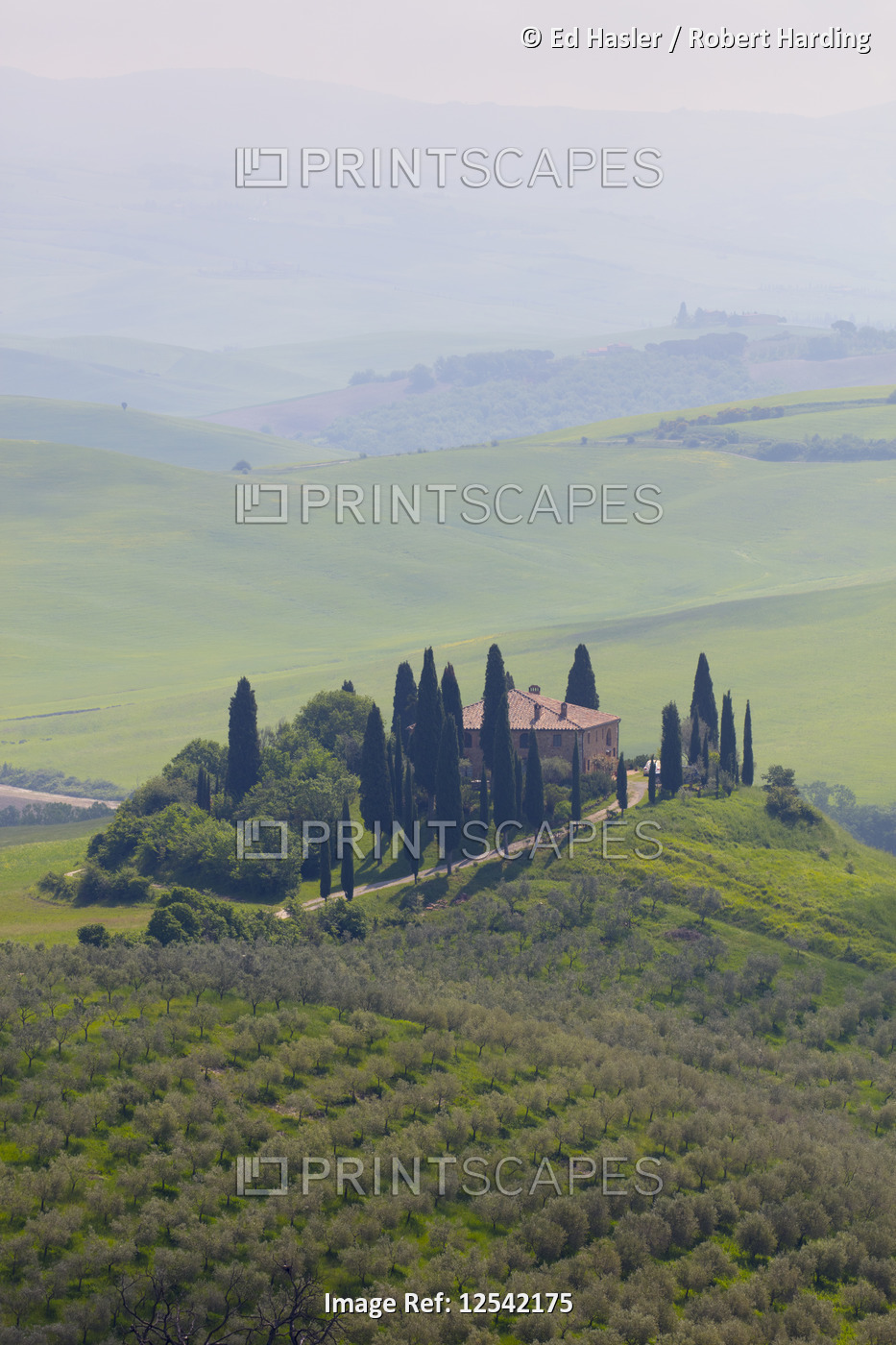 Podere Belvedere and mist at sunrise, San Quirico d'Orcia, Val d'Orcia, UNESCO World Heritage Site, 