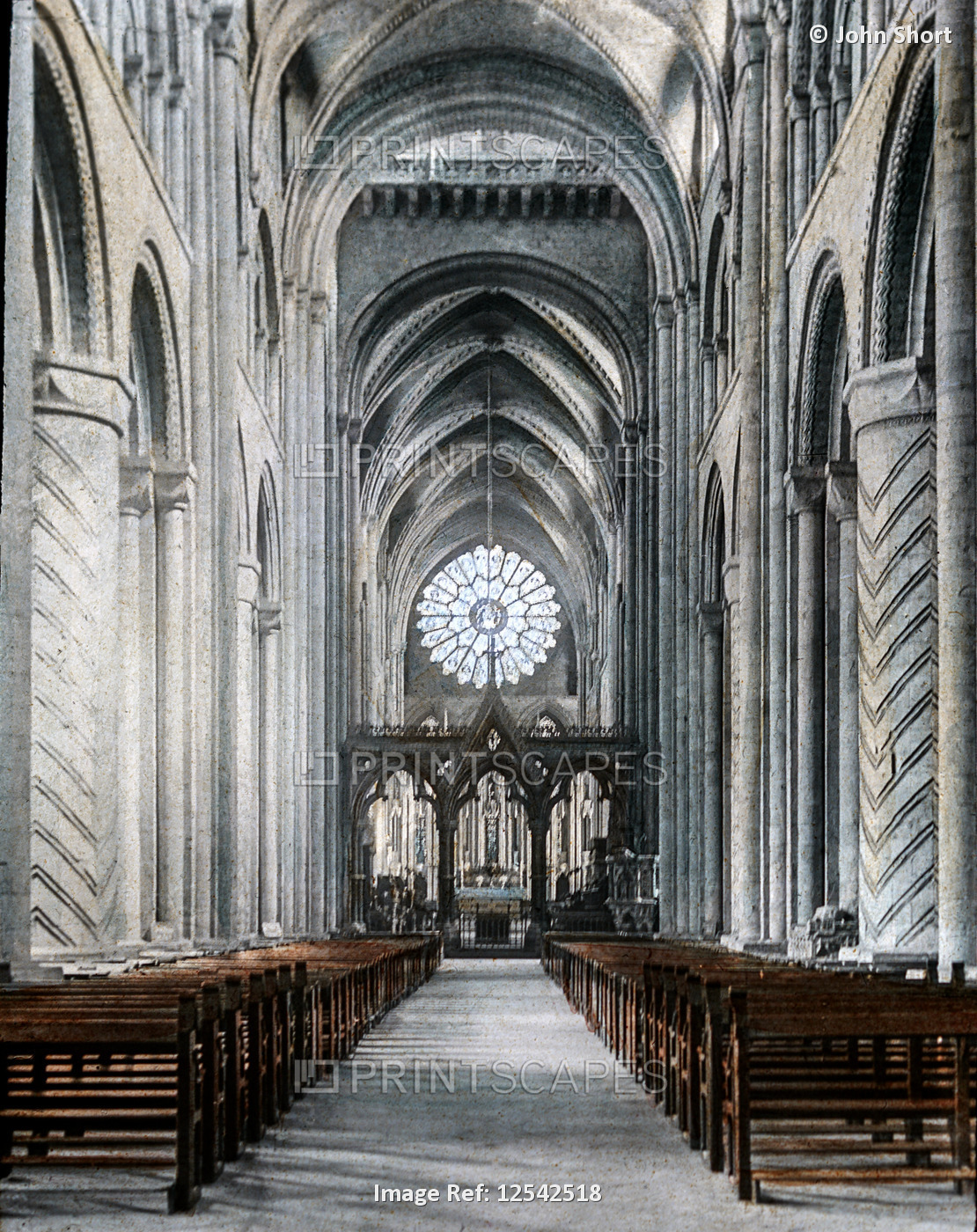 A hand coloured magic lantern slide circa 1900. Durham Cathedral nave looking ...