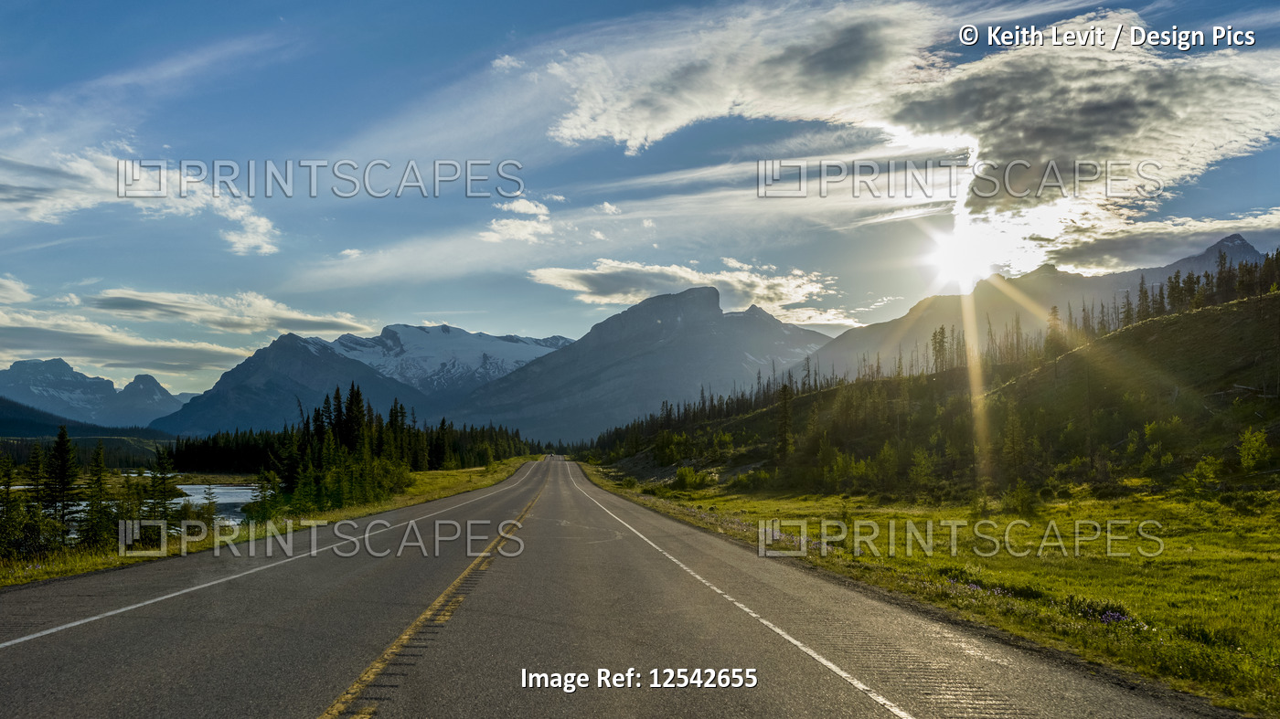 Road through the rugged Canadian Rocky Mountains; Clearwater County, Alberta, ...
