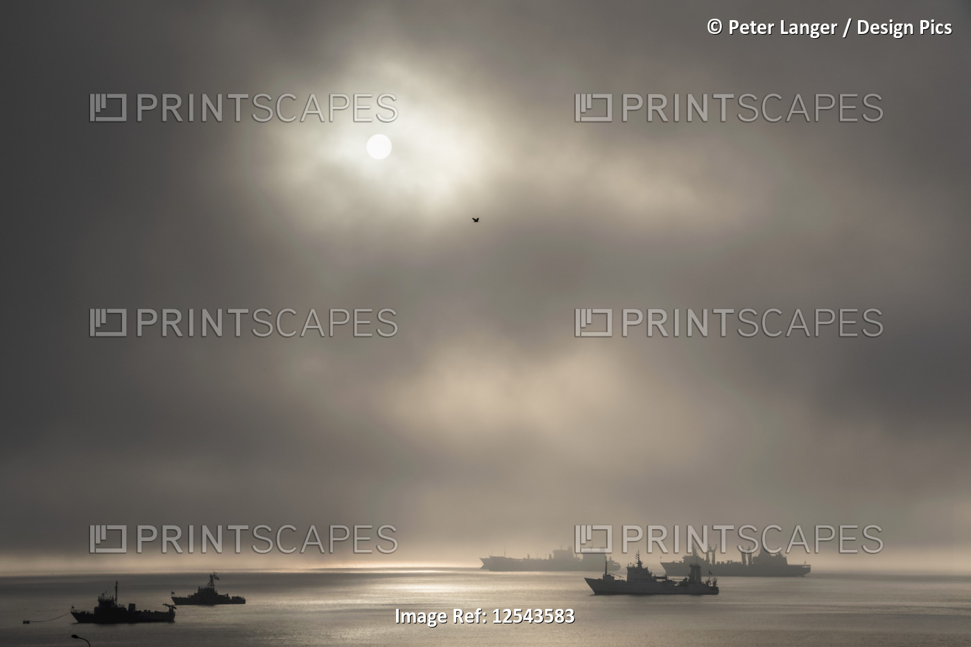 Ships in port in the fog; El Callao, Lima, Peru